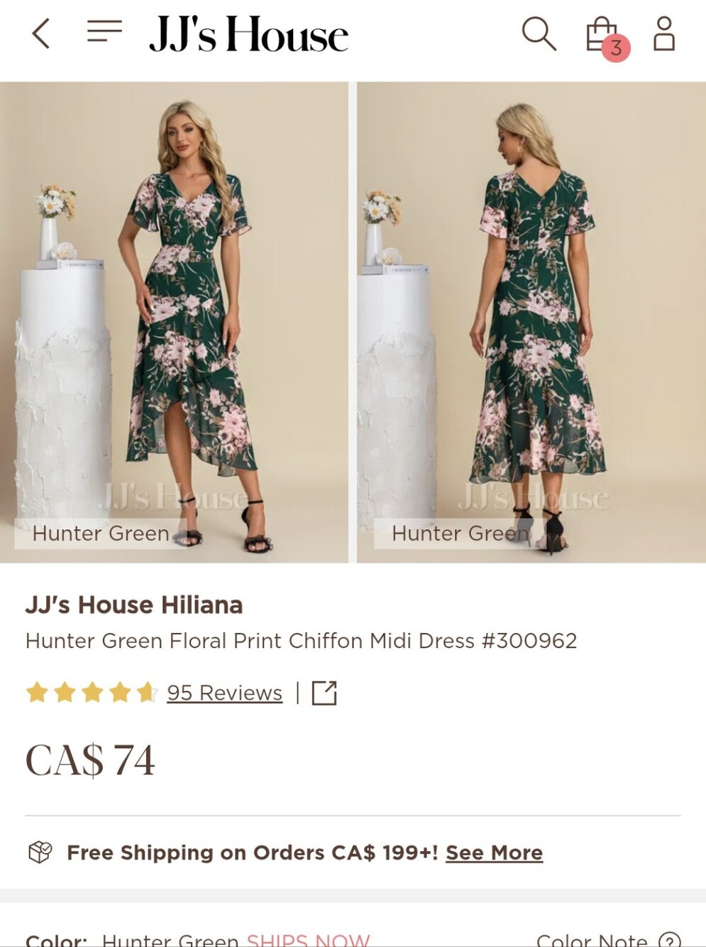 JJ's House Hiliana Hunter Green Floral Chiffon Midi Dress Size S Wedding Guest - Picture 2 of 9